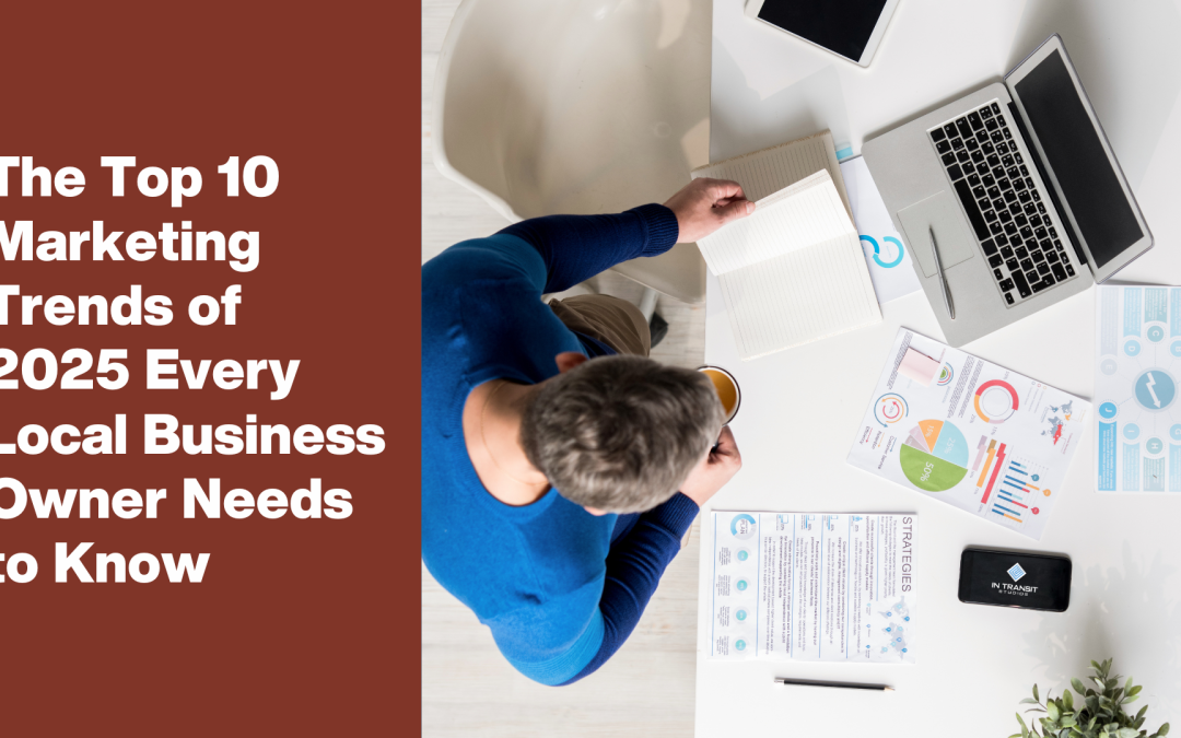 Test on the left that says The Top 10 Marketing Trends of 2025 Every Local Business Owner Needs to Know. On the right its a person sitting at his desk working on his small business marketing strategy